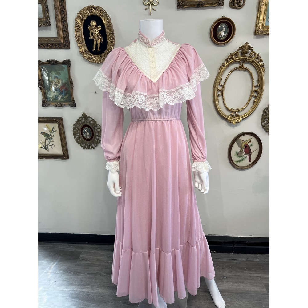 Vintage 1970 Pink Ruffle Maxi Dress White Lace Trim High Neck Long Sleeve Size 6